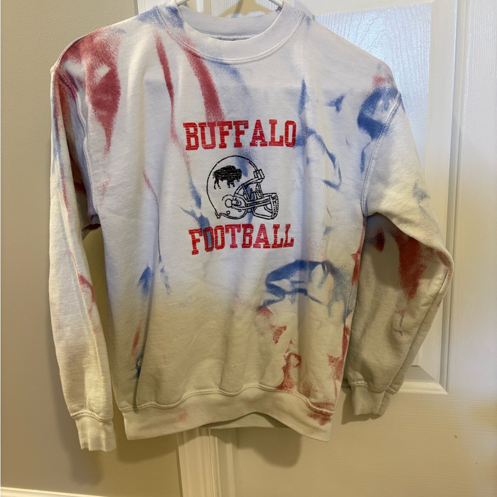 Buffalo Football Kids Tie-Dye Crewneck Sweatshirt - White with Red & Blue